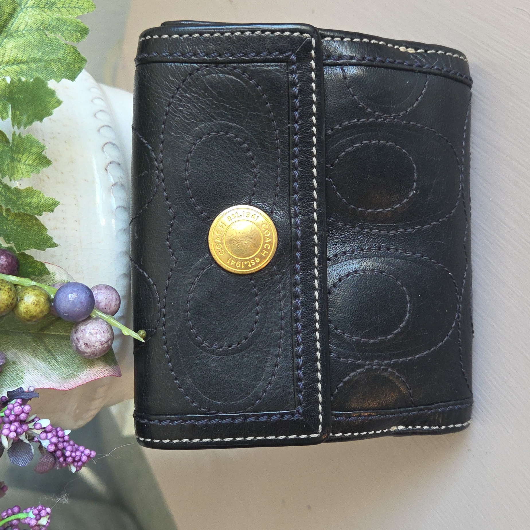Coach Black Leather Perforated Trifold Wallet With Gold Snaphead